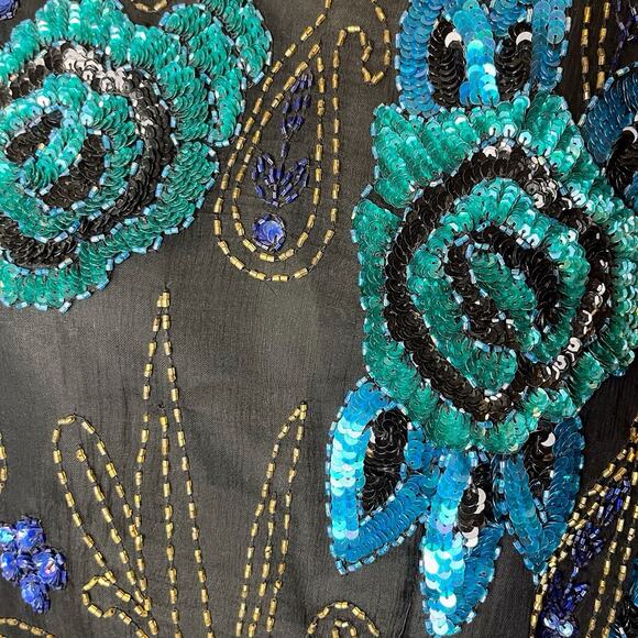 Fantasy by Lisa Kane Vintage XL Silk Beaded Top Black Blue Sequin Floral Beaded - Picture 9 of 16